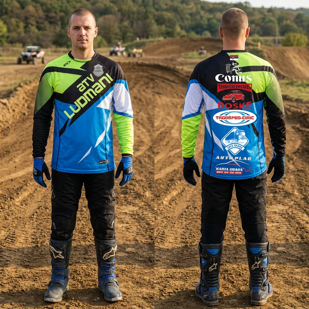 ATV i motokros dres Sportex — model 2 ATV Ludmani u plavoj, limeta i crnoj boji, sa sponzorima na leđima