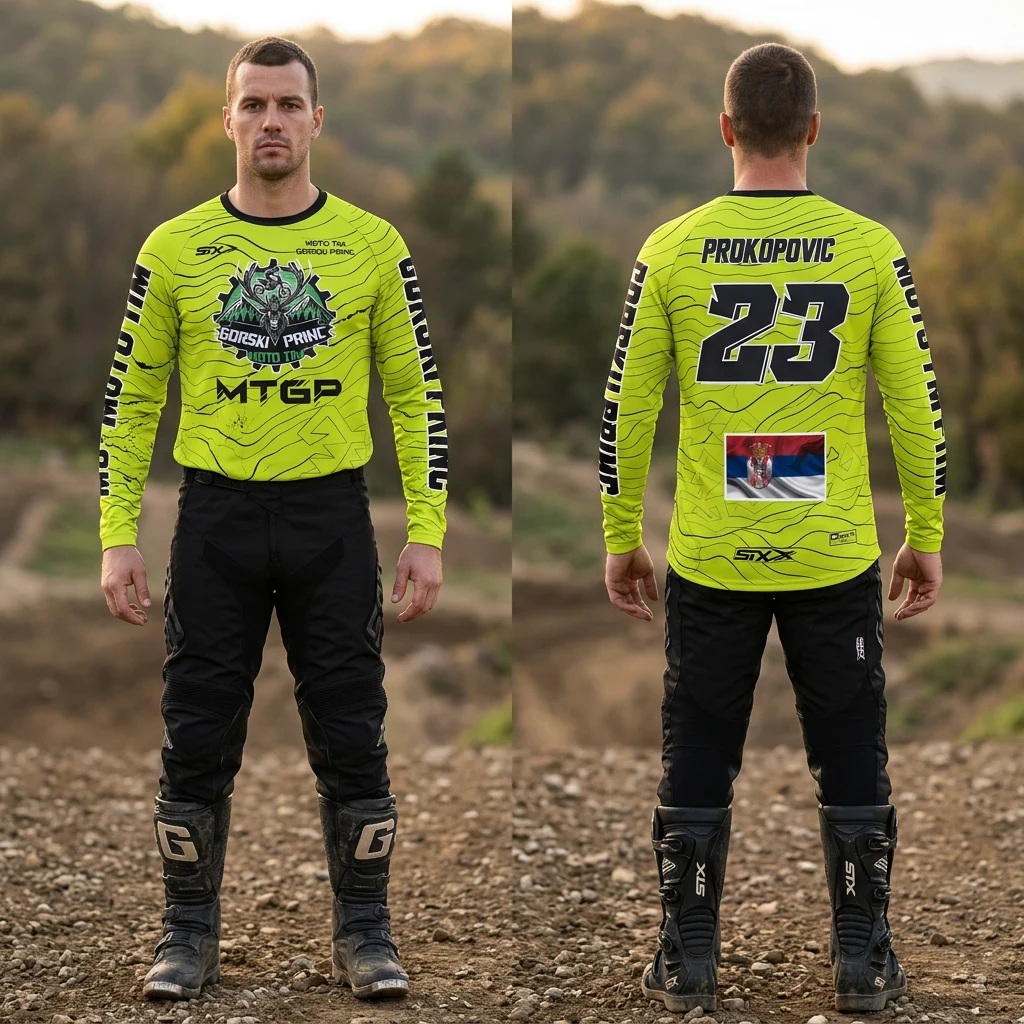 ATV i motokros dres Sportex — model 6 Moto tim Gorski Princ, limeta dres sa crnim detaljima, brojem 23 i zastavom Srbije na leđima