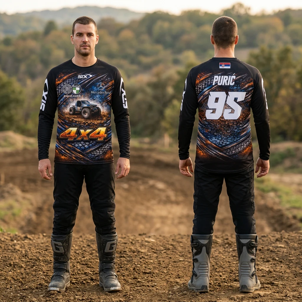 ATV i motokros dres Sportex — model 7 4x4 Purić, crni dres sa narandžastim i plavim detaljima, terenskim vozilom napred i brojem 95 na leđima