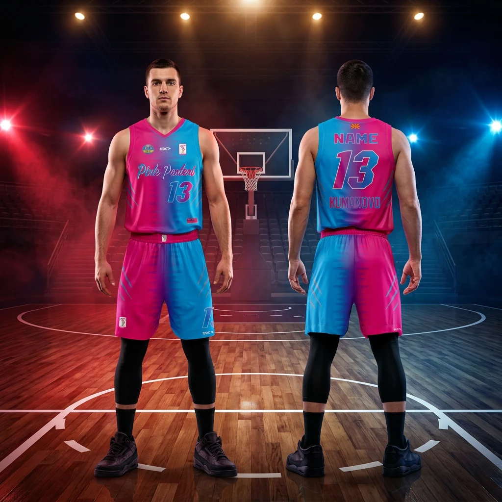 Košarkaški dres i šorc Sportex — model 16, roze-plavi komplet Pink Panteri Kumanovo sa brojem 13, prednji i zadnji prikaz na košarkašima