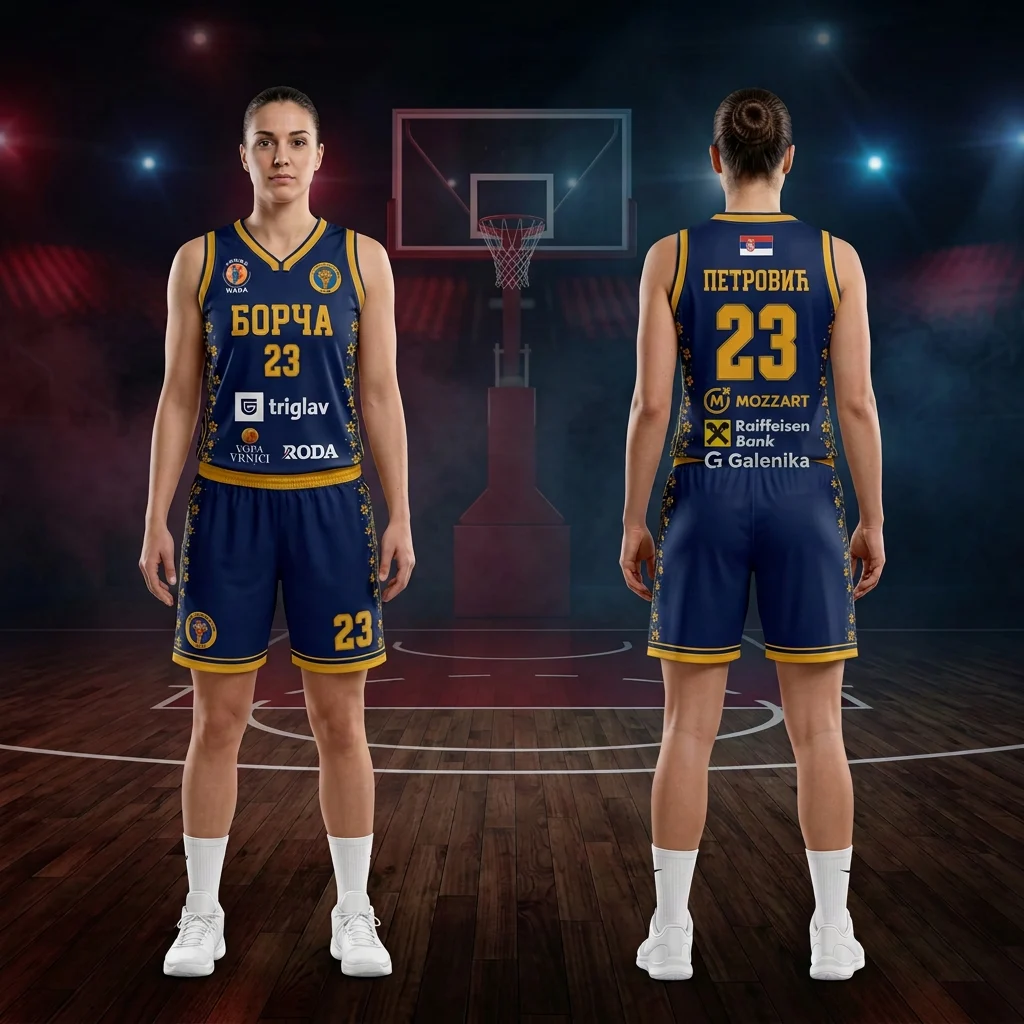 Košarkaški dres i šorc Sportex — model 21, plavo-zlatni ženski komplet KK Borča sa brojem 23, prednji i zadnji prikaz na košarkašicama