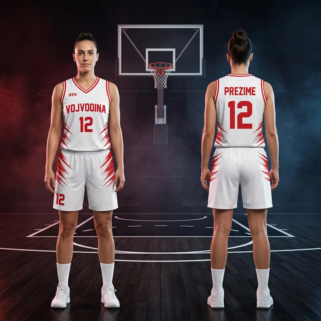 Košarkaški dres i šorc Sportex — model 23, belo-crveni ženski komplet Vojvodina sa brojem 12, prednji i zadnji prikaz na košarkašicama