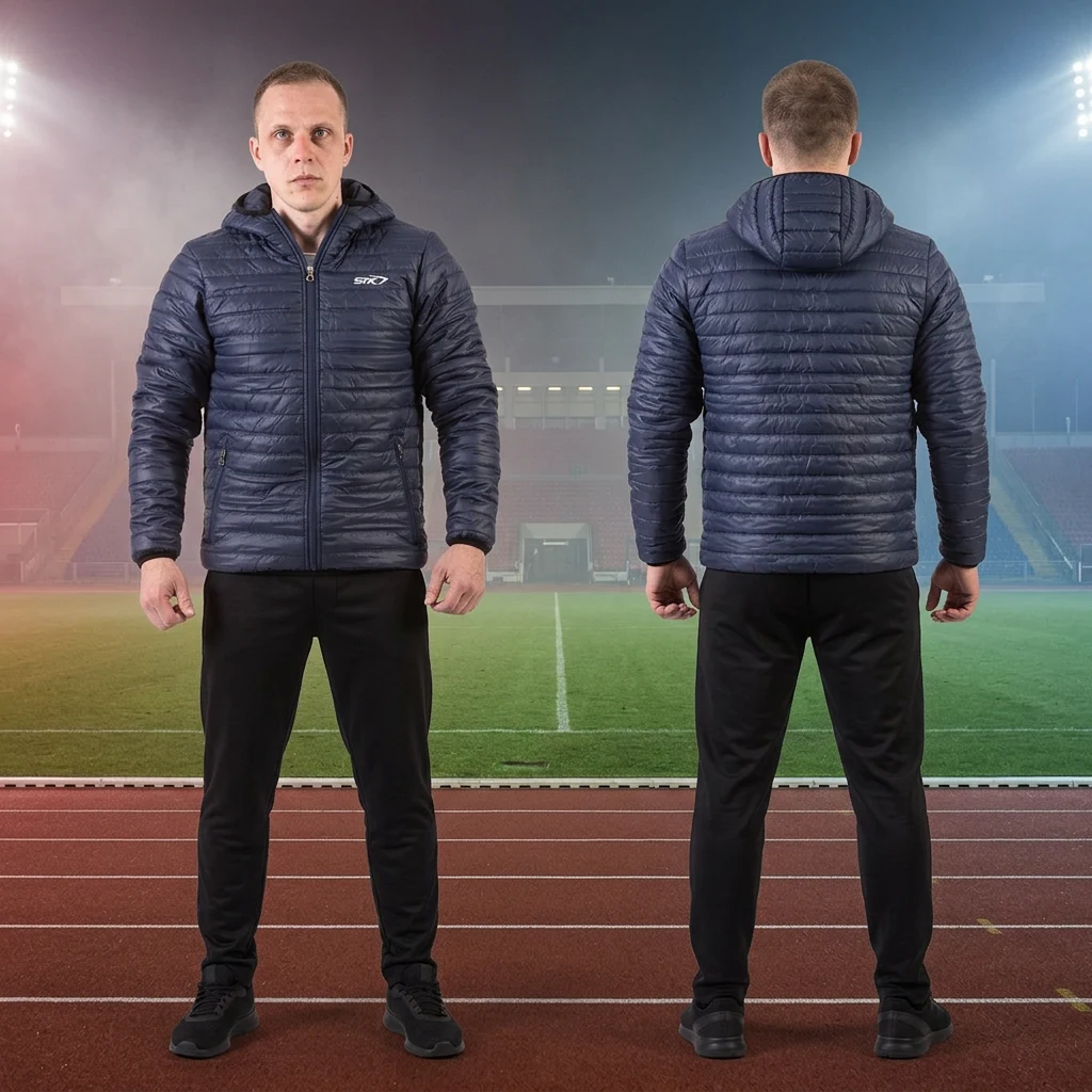 Teget prošivena jakna sa kapuljačom — prednji i zadnji prikaz — Sportex model 4