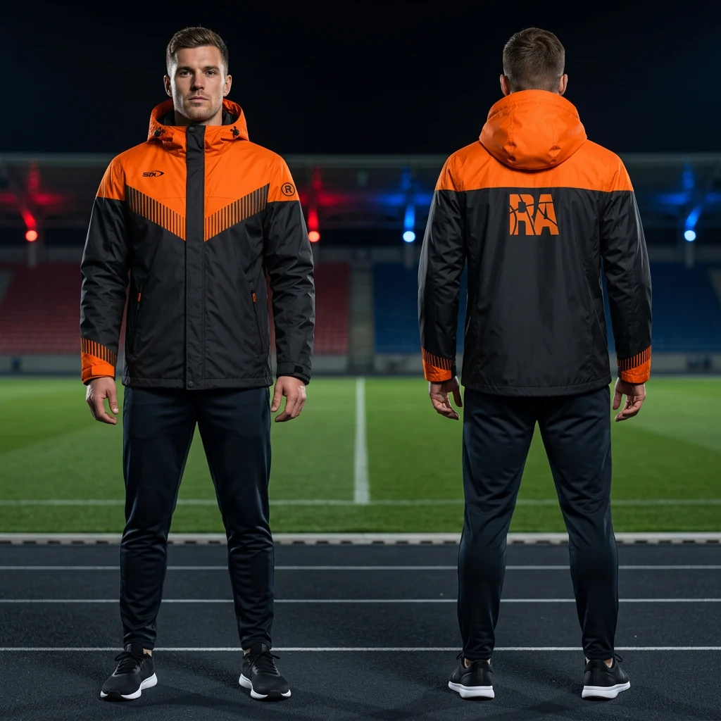 Crno-narandžasta sportska jakna sa kapuljačom, STX logotipom i RA oznakom na leđima — prednji i zadnji prikaz — Sportex model 8