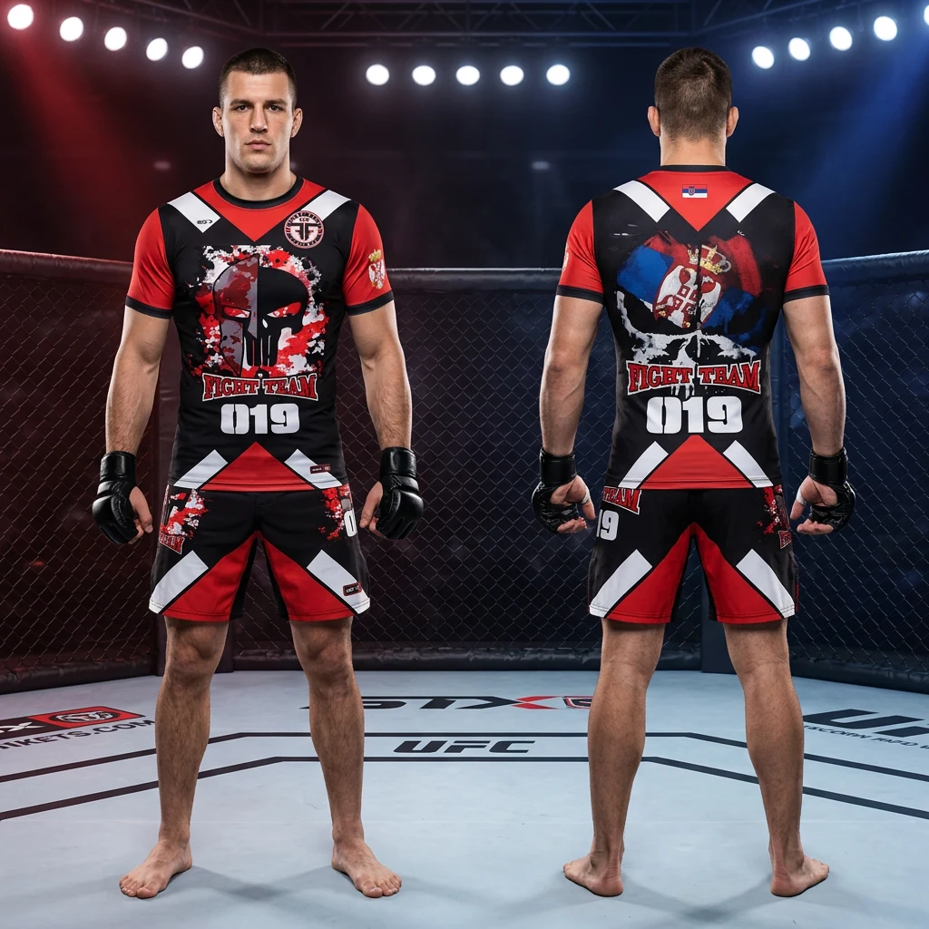 MMA sportski komplet Sportex — model 10, prednji i zadnji prikaz opreme na borcima u oktagonu