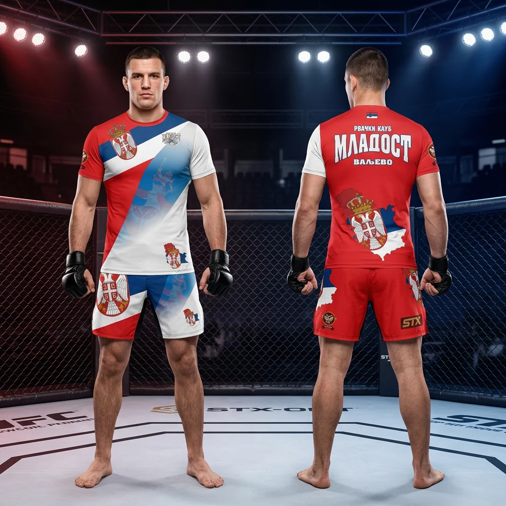 MMA sportski komplet Sportex — model 7, prednji i zadnji prikaz opreme na borcima u oktagonu