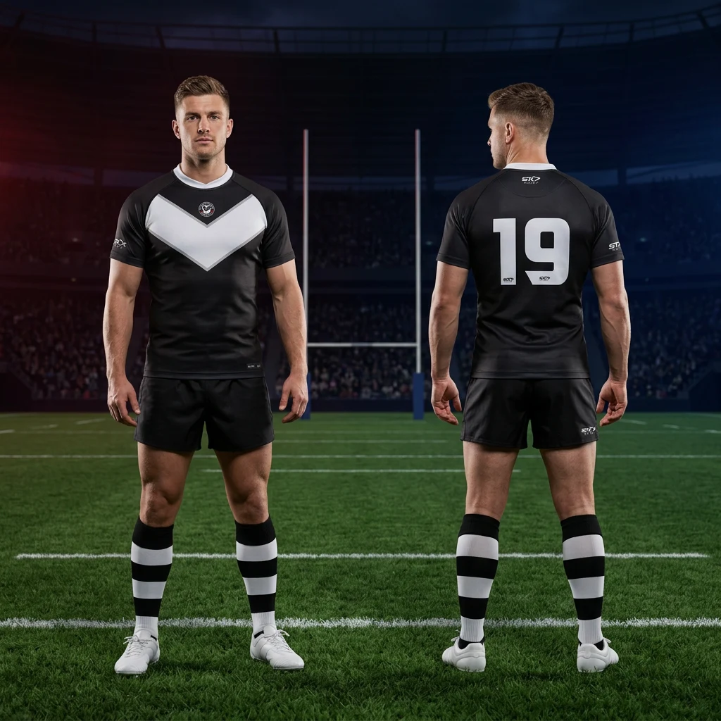 Ragbi dres i šorc Sportex — model 15, prednji i zadnji prikaz kompleta na ragbi igračima