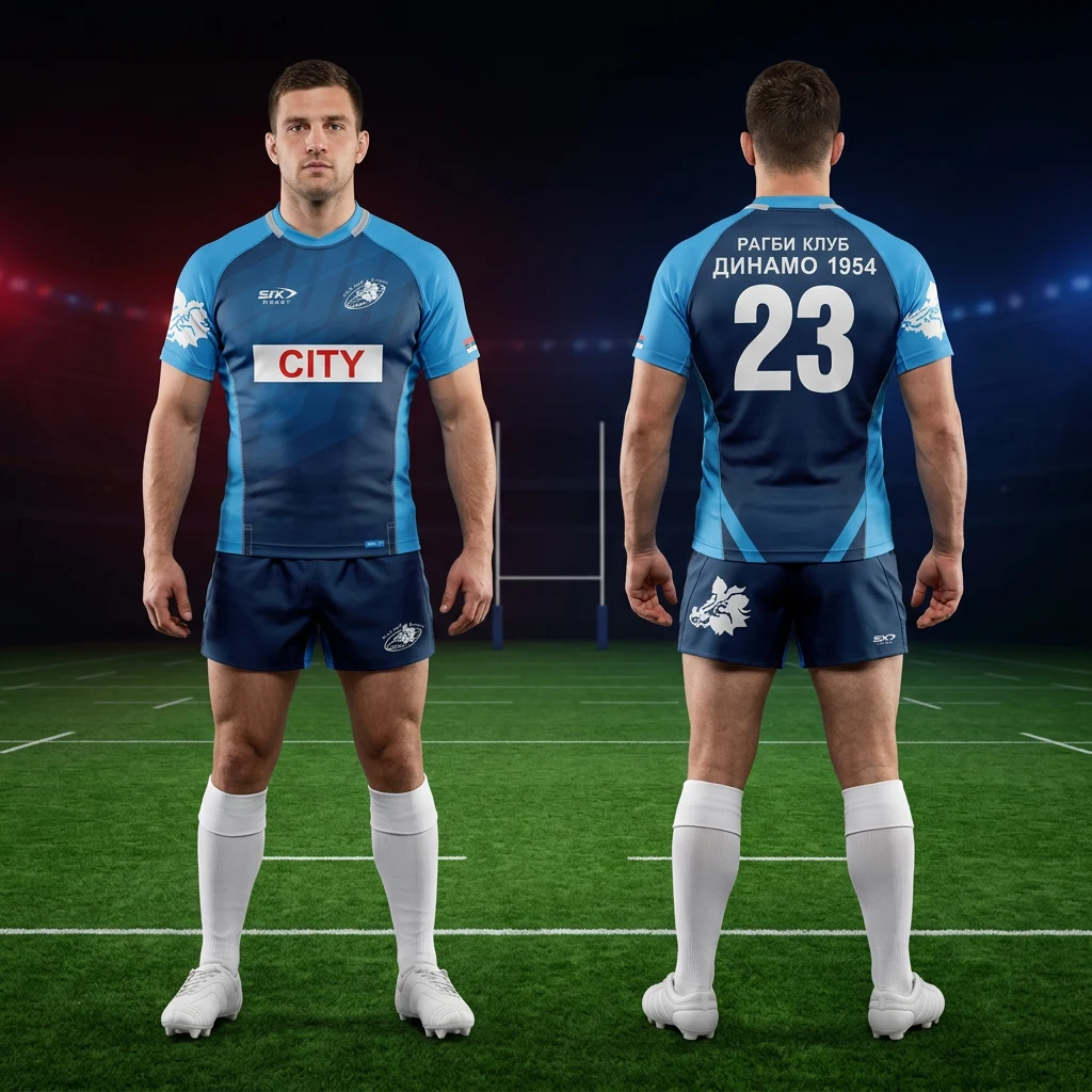 Ragbi dres i šorc Sportex — model 5, prednji i zadnji prikaz kompleta na ragbi igračima